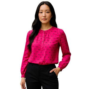 Twix by Simons Pink Black Bird Print Long Sleeve Crewneck Blouse Shirt Top SMALL
